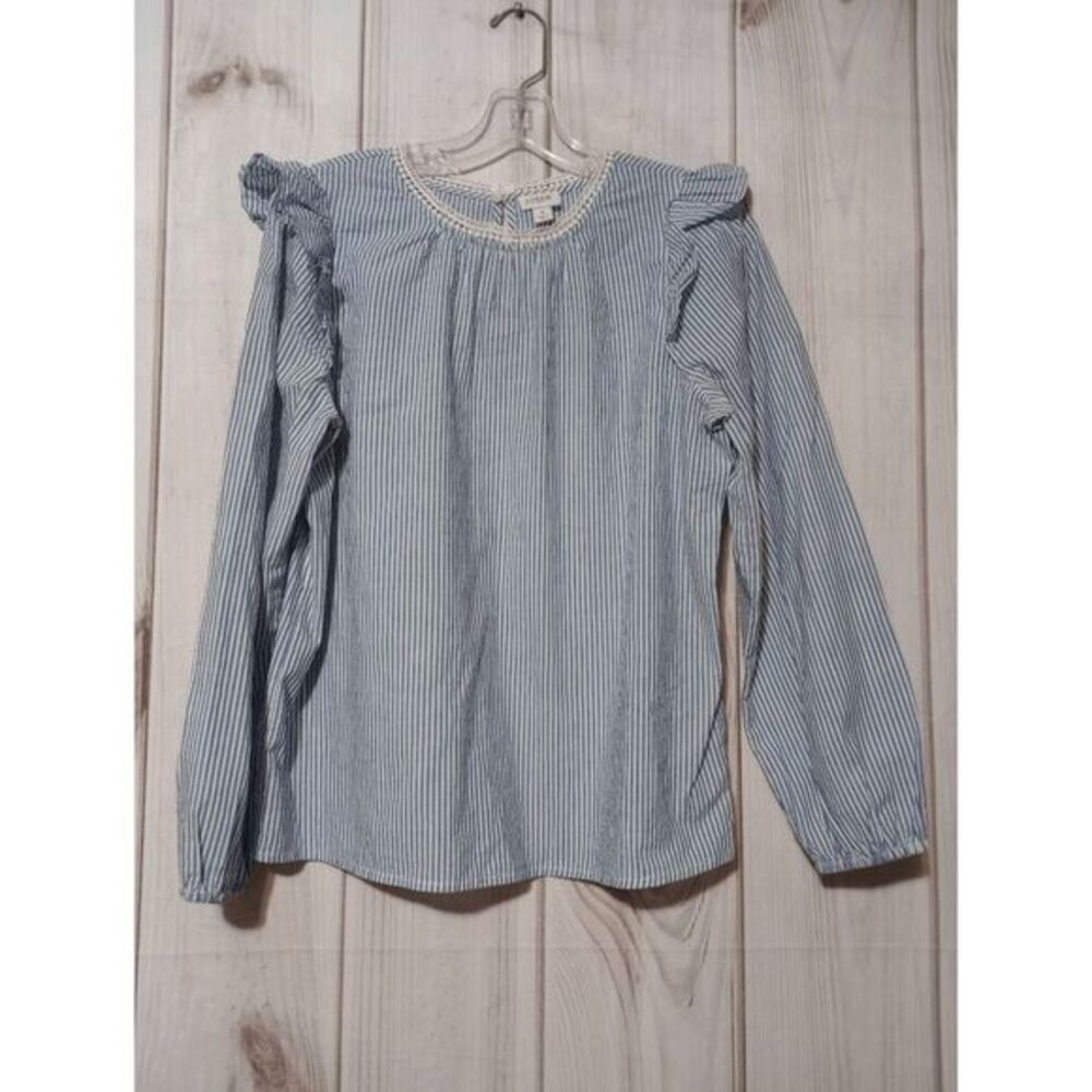 J Crew Shirt Ladies Small Blue White Long Sleeve Crew Neck Light‎ Weight